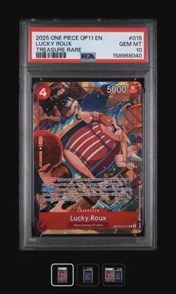 2025 ONE PIECE OP11-A FIST OF DIVINE SPEED TREASURE RARE #015 LUCKY ROUX PSA 10 - Image 1