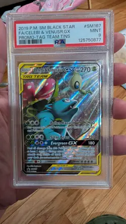 2019 Pokemon TCG Celebi & Venusaur GX SM167 Sm Tag Team Tin Promo PSA 9 MINT - Image 1