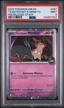 2025 POKEMON DRI EN-DESTINED RIVALS PRERELEASE-STAFF TEAM ROCKET'S MIMIKYU PSA 9 - Image 1