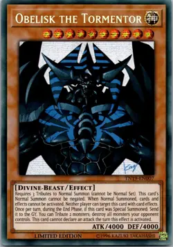 Yugioh Obelisk the Tormentor TN19-EN007 Limited Edition Prismatic Secret Rare NM - Image 1
