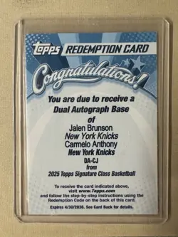 Topps redemption card Jalen Brunson /Carmelo Anthony signed dual auto from 2025 - Image 1