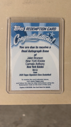 Topps redemption card Jalen Brunson /Carmelo Anthony signed dual auto from 2025 - Image 2
