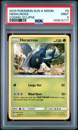 2019 POKEMON SUN & MOON COSMIC ECLIPSE #9 HERACROSS PSA 9 - Image 1