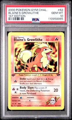 PSA 10 Blaine'S Growlithe Pokemon Gym Challenge 62 1st Edition GEM MINT - Image 1