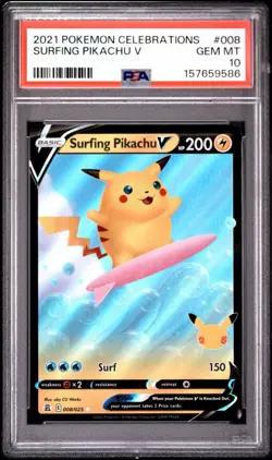Pokemon SWSH Celebrations Surfing Pikachu v 2021 #008/025 PSA 10 - Image 1