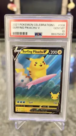 2021 POKEMON CELEBRATIONS #008 SURFING PIKACHU V PSA 10 - Image 1