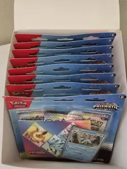Pokemon Prismatic Evolutions Tech Sticker Collection Leafeon Display Case 8 Lot - Image 1