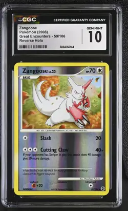 CGC 10 GEM MINT Zangoose 2008 Great Encounters 59/106 Reverse Holo Pokemon Card - Image 1