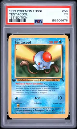 1999 POKEMON FOSSIL 1ST EDITION #56 TENTACOOL PSA 1 - Image 1