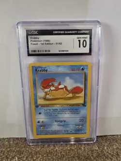 Pokemon CGC 10 GEM MINT 1999 Krabby 1st Edition Fossil Card - Image 1