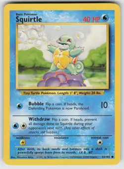 Squirtle 63/102 Common Base Set Unlimited Pokemon Moderately Played - Image 1