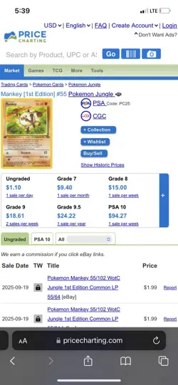 Mankey 55/64 Jungle Regular First Edition GRADED 8 PGC Pokemon card 1999 - Image 3