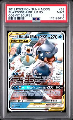 2019 POKEMON SUN & MOON COSMIC ECLIPSE #38 BLASTOISE & PIPLUP GX PSA 9 - Image 1