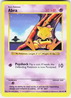 Abra 43/102 Common Base Set Shadowless Pokemon MP 01-01-26 - Image 1