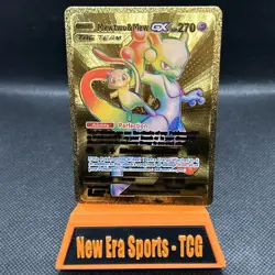 Mewtwo & Mew GX Rainbow Gold Metal Hp270 Card Fan Art NM - Image 1