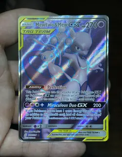 Pokemon Mewtwo & Mew GX TAG TEAM Full Art Holo 222/236 Unified Minds UR 2019 - Image 1
