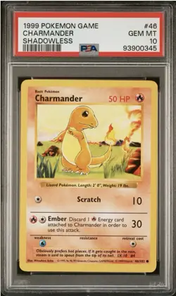 Pokemon Base Set Shadowless Charmander Card 46/102 PSA 10 - Image 1