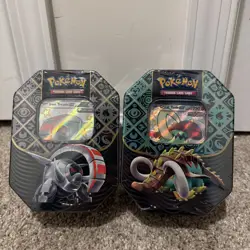 Pokemon Paldean Fates 2 Tins Iron Threads ex & Great Tusk ex Brand New Sealed - Image 1