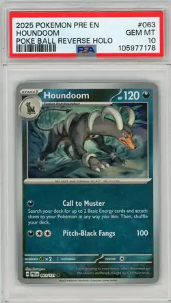 2025 POKEMON PRE EN-PRISMATIC EVOLUTIONS POKE BALL REVERSE HOLO HOUNDOOM PSA 10 - Image 1