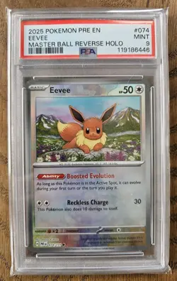 PSA 9 Eevee Masterball 074/131 Prismatic Evolutions Reverse Holo Pokemon - Image 1