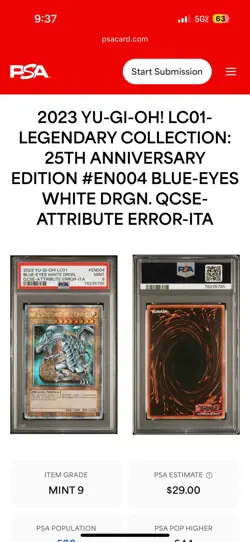 YuGiOh Blue Eyes White Dragon LC01 PSA 9 Mint - Image 2