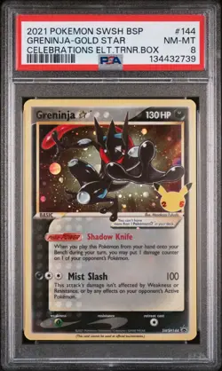 2021 Pokemon SWSH Black Star Promo 144 Greninja Gold Star Celebrations ETB PSA 8 - Image 1