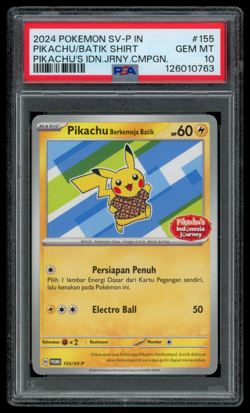 PSA 10 GEM MINT Pokemon Indonesian Pikachu Batik 155/SV-P Journey Campaign Promo - Image 1