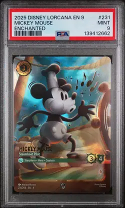 2024 DISNEY LORCANA EN 9 FABLED MICKEY MOUSE STEAMBOAT PILOT 231 ENCHANTED PSA 9 - Image 1