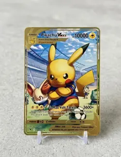 Soccer Pikachu VMAX Pokemon Metal Gold Card Art/Display/Collectible - Image 1