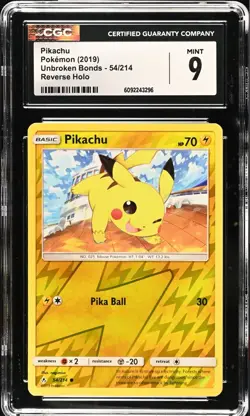 CGC 9 MINT Pikachu 54/214 Reverse Holo Unbroken Bonds Sun & Moon 2019 Pokemon - Image 1