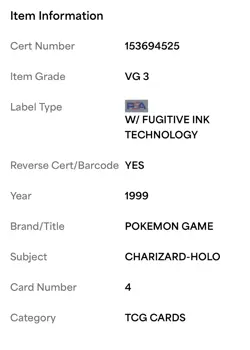 1999 Pokemon TCG Base Set Charizard PSA 3 Holo Rare 4/102 Age 6+ - Image 3