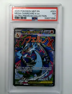 2025 POKEMON MEP EN-ME UPC BLACK STAR PROMO #023 MEGA CHARIZARD X ex PSA 7 - Image 1