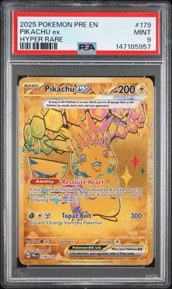 Pokemon 2025 Pikachu ex 179/131 Gold Hyper Rare Prismatic Evolutions PSA 9 - Image 1