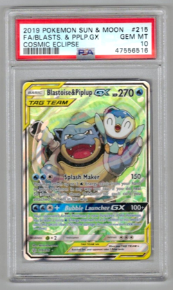 Pokemon Card PSA 10 Gem Mint Blastoise & Piplup GX 215/236 Cosmic Eclipse - Image 1