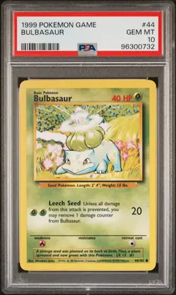 1999 POKEMON BASE SET UNLIMITED #44 BULBASAUR PSA 10 - Image 1