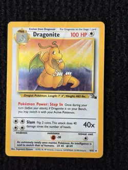 1999 Pokemon Fossil Dragonite Holo 4/62 HP damaged Vintage - Image 1