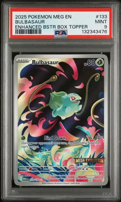 2025 PSA 9 Pokemon Mega Evolution Bulbasaur Box Topper Stamp 133/132 Card - Image 1