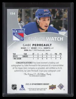 Gabe Perreault Future Watch Auto 2025-26 SP Authentic #134 #/999 A - Image 2