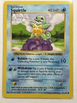 Squirtle 63/102 - Shadowless Base Set Non Holo WOTC Pokemon Card - Image 1
