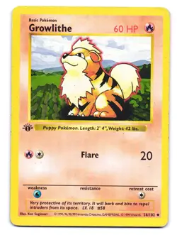 Growlithe 28/102 Uncommon Base Set Shadowless Pokemon 1st Edition DMG - Image 1