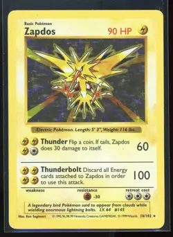1999 Pokemon Zapdos Base Set Shadowless 16/102 Holo Rare Vtinage English #16 - Image 1