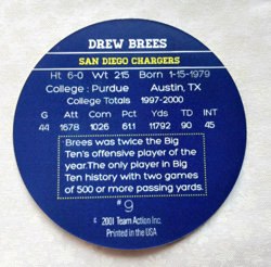 9 Drew Brees 2.5 Inch Team Action Rookie Disc Card - San Diego Chargers - Image 5