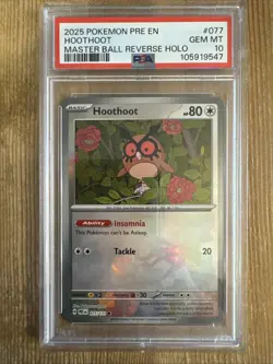 Hoothoot 077/131 Master Ball Holo Pokemon TCG Prismatic Evolutions PSA 10 POP 7 - Image 1