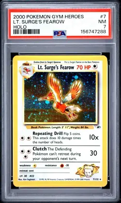 2000 Pokemon Gym Heroes Unlimited Lt. Surge’s Fearow Holo 7/132 #7 PSA 7 - Image 1