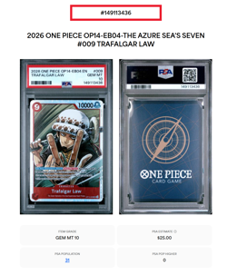 2026 ONE PIECE OP14-EB04-THE AZURE SEA'S SEVEN #009 TRAFALGAR LAW PSA 10 - Image 3