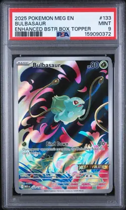 2025 PSA 9 Pokemon Mega Evolution Bulbasaur Box Topper Stamp 133/132 Card - Image 1