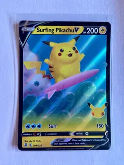 Surfing Pikachu V - 008/025 - Pokemon Celebrations Sword & Shield Rare Card NM - Image 1