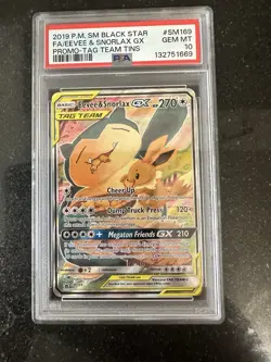 Pokemon TCG Eevee & Snorlax GX SM169 Tag Team PSA 10 Graded - GEM MINT - Image 1