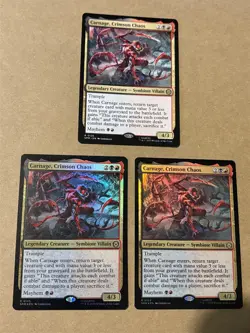3 x mtg Carnage, Crimson Chaos, 2 are foil, Spiderman set, unplayed - Image 1