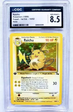 CGC 8.5 NM-MINT 1st Edition RAICHU 1999 FOSSIL 14/62 Holo Pokemon WOTC Card - Image 1